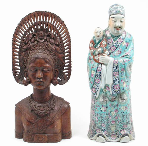 Appraisal: A Balinese carved figure of a woman together with a