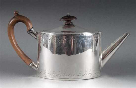 Appraisal: English neoclassical style engraved sterling silver teapot William Plummer London