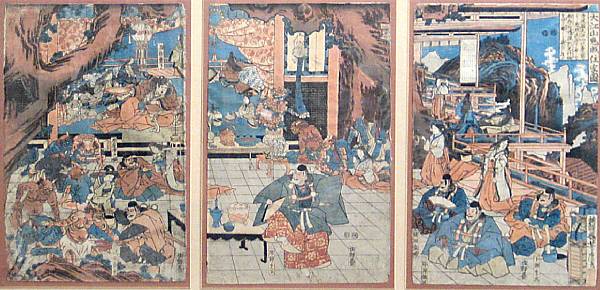 Appraisal: Four oban tate-e and one triptych Utagawa School Each of