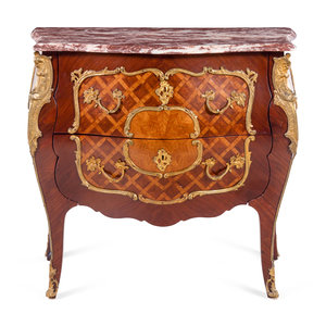 Appraisal: A Louis XV Style Gilt Bronze Mounted Parquetry Marble-Top Commode