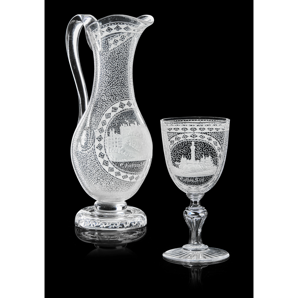 Appraisal: AN ACID ETCHED AND CUT GLASS EWER AND GOBLET BY