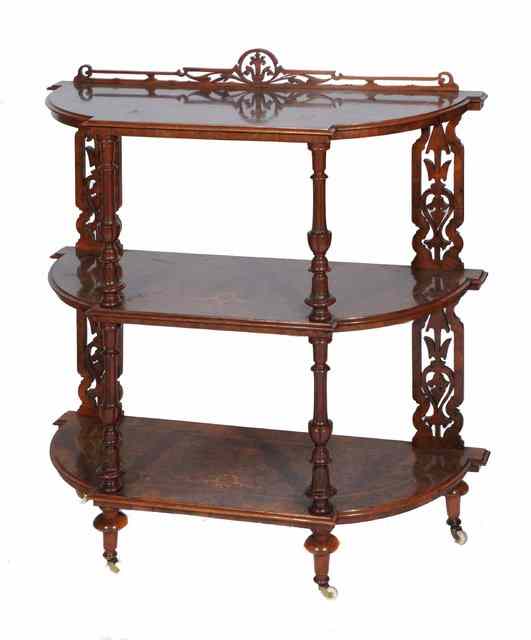 Appraisal: A VICTORIAN FIGURED WALNUT THREE TIER WHATNOT with line inlay