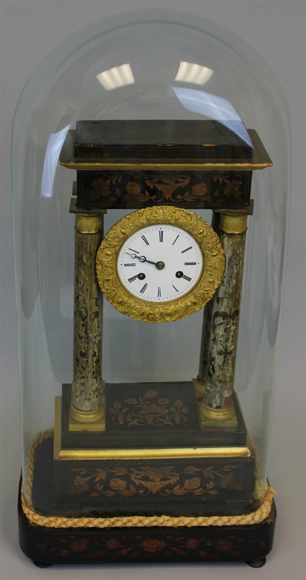 Appraisal: CONTINENTAL ORMOLU MOUNTED MARQUETRY MAHOGANY PORTICO CLOCK LAST QUARTER TH