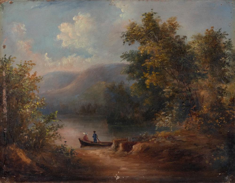 Appraisal: AMERICAN SCHOOL EARLY TH CENTURY LAKE SCENE WITH A COURTING