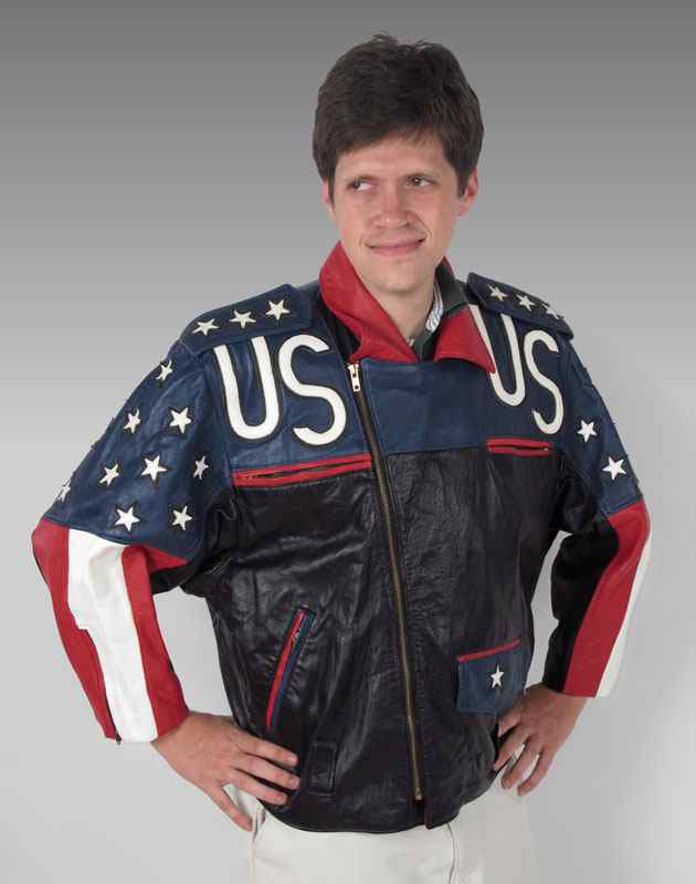 Appraisal: MAZIAR PATRIOTIC FREEDOM LEATHER JACKET Bold red white and blue