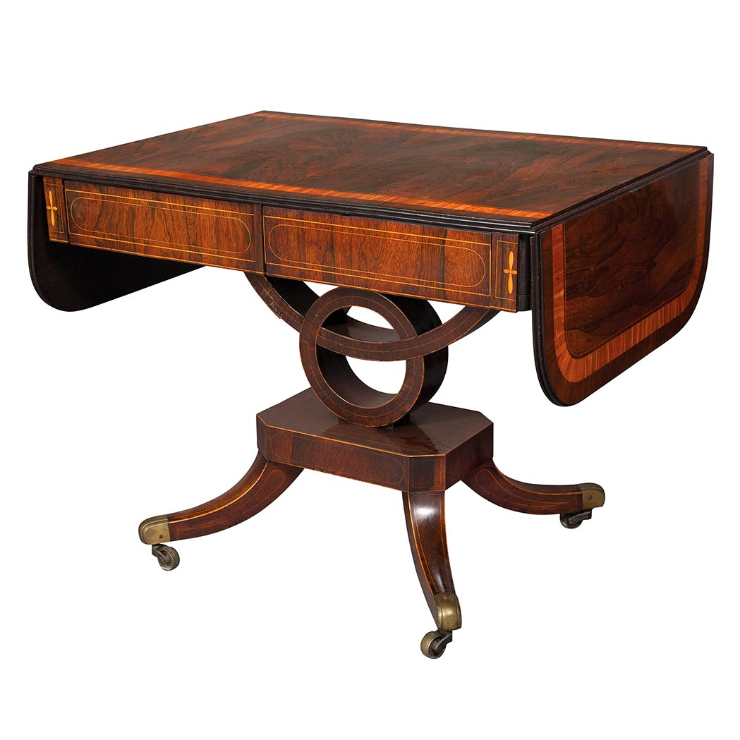 Appraisal: Regency Satinwood Banded Rosewood Sofa Table th Century The rectangular