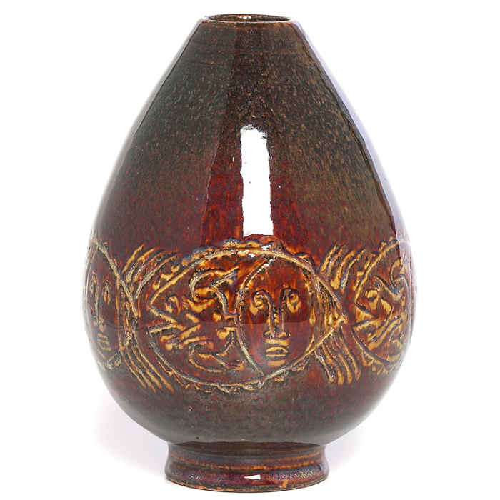 Appraisal: Scheier vase bulbous footed form with incised figures and fish