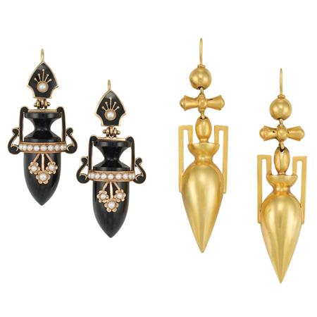 Appraisal: Two Pairs of Antique Gold and Black Onyx and Split