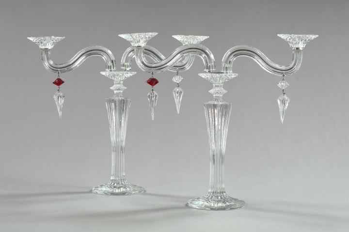 Appraisal: Good Pair of Baccarat Cut-to-Clear and Ruby Crystal Two-Light Candelabra