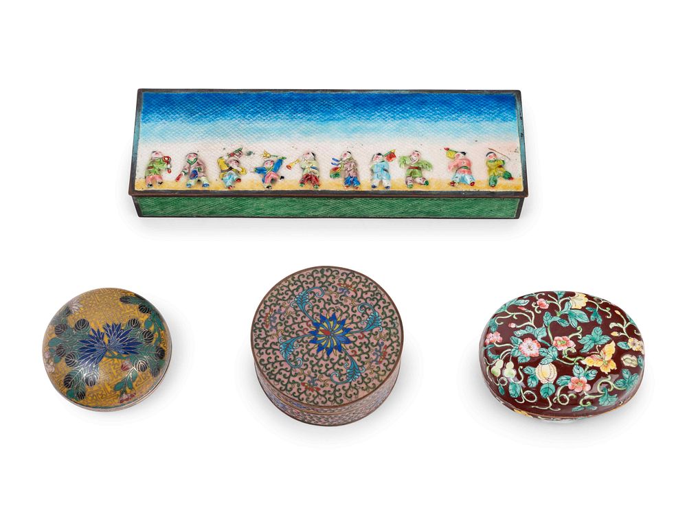 Appraisal: Four Chinese Enamel on Metal Covered Boxes Four Chinese Enamel