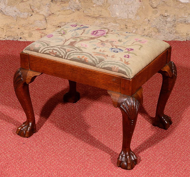 Appraisal: AN TH CENTURY STYLE WALNUT RECTANGULAR DRESSING STOOL with needlework