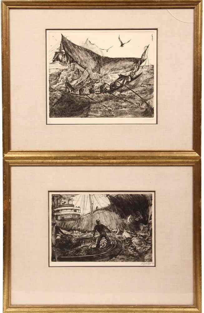 Appraisal: PAIR ETCHINGS - Men Whaling Man in Stern of Tug