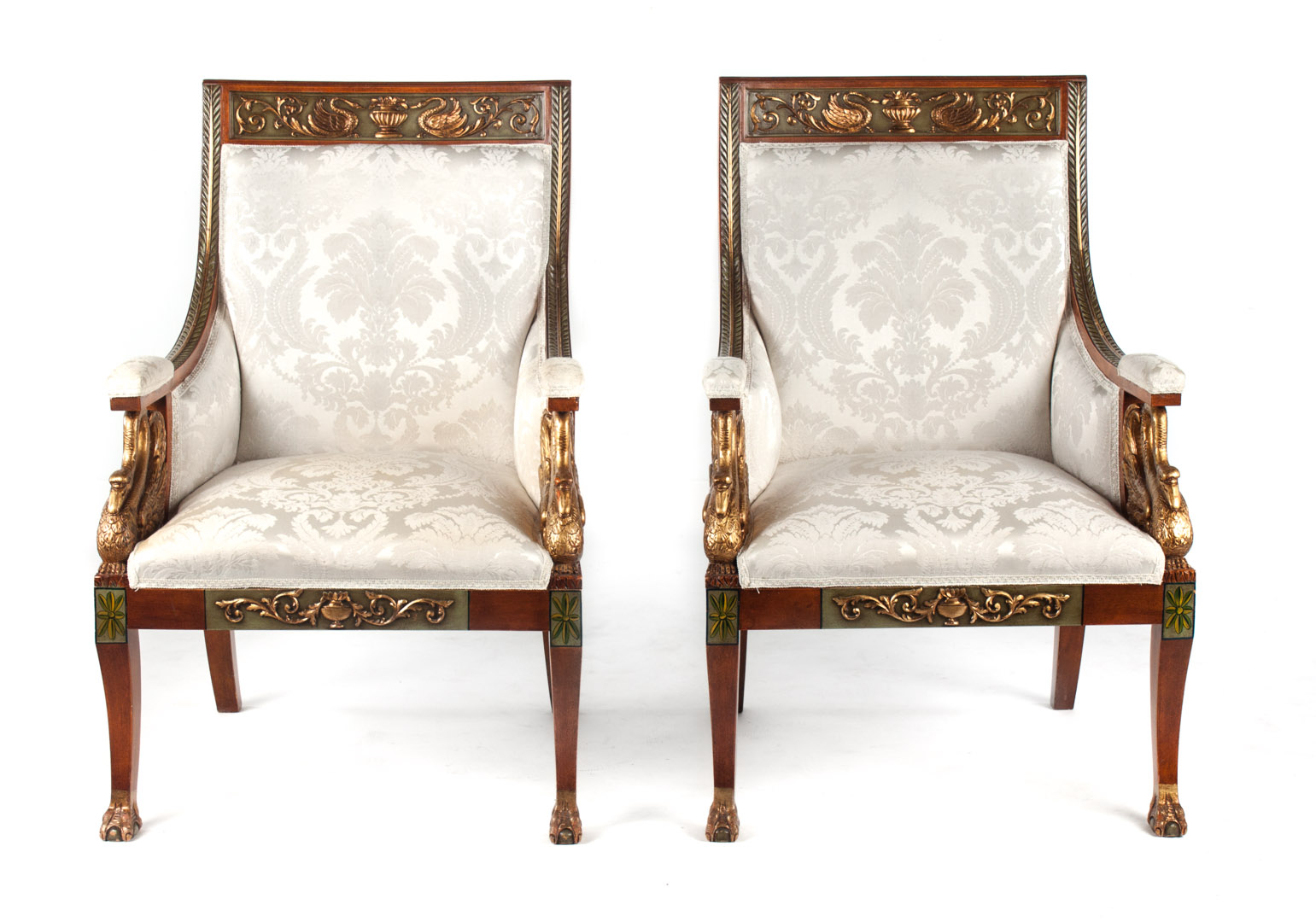 Appraisal: Pair of French Empire style upholstered armchairs th century carved