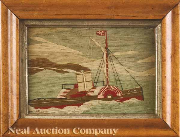 Appraisal: An American Woolwork Embroidery of a Steamboat late th early