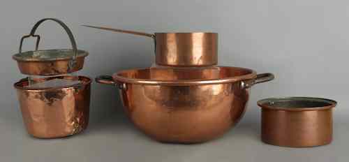 Appraisal: Five pieces of copper cookware to include a large kettle