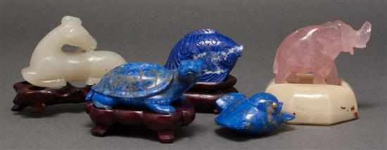 Appraisal: Five Chinese carved animal figures figures include lapis turtle fish