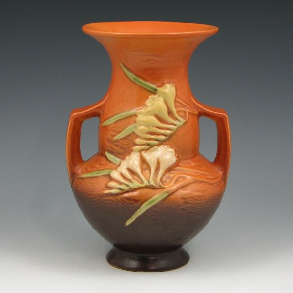 Appraisal: Roseville Freesia handled vase in brown Marked Roseville USA -