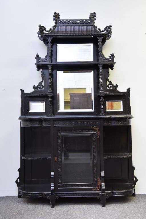 Appraisal: Victorian Chinese Style ebonized etagere' with pagoda top and beveled