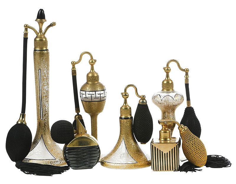 Appraisal: Six Black and Gilt Perfume Bottles DeVilbiss American th century