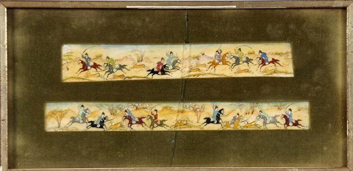 Appraisal: Two Persian Miniature Paintings on Ivory Depicting hunt scenes matted