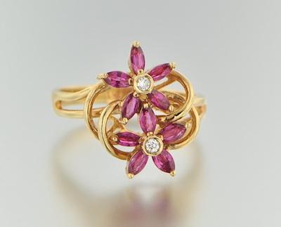 Appraisal: A Delicate Ruby and Diamond Flower Ring k yellow gold