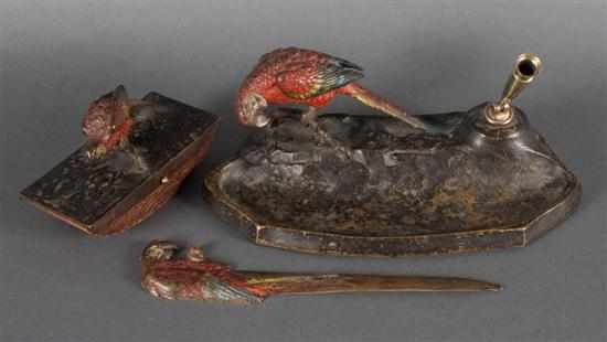 Appraisal: Austrian cold-painted bronze scarlet macaw figural three-piece desk set early