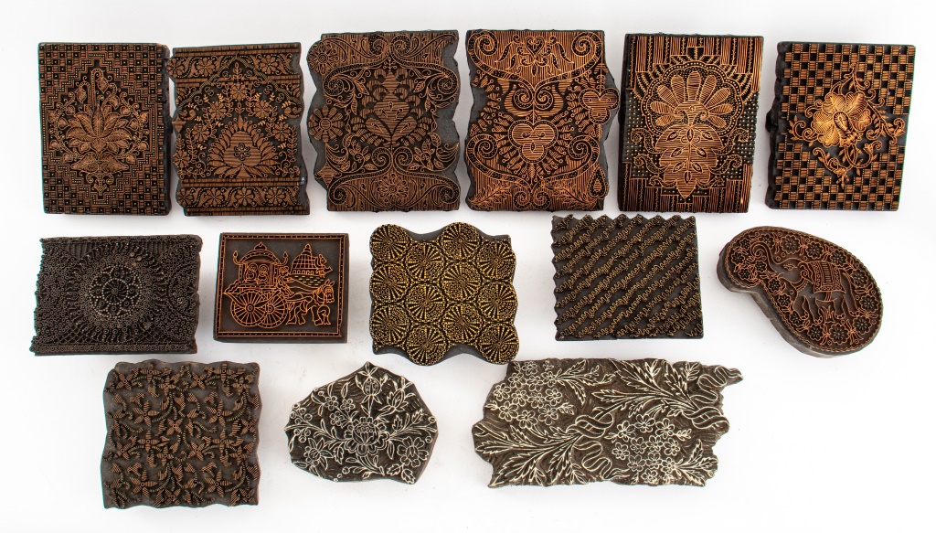 Appraisal: INDIAN WOOD METAL TEXTILE PRINTING BLOCK Collection of fourteen carved