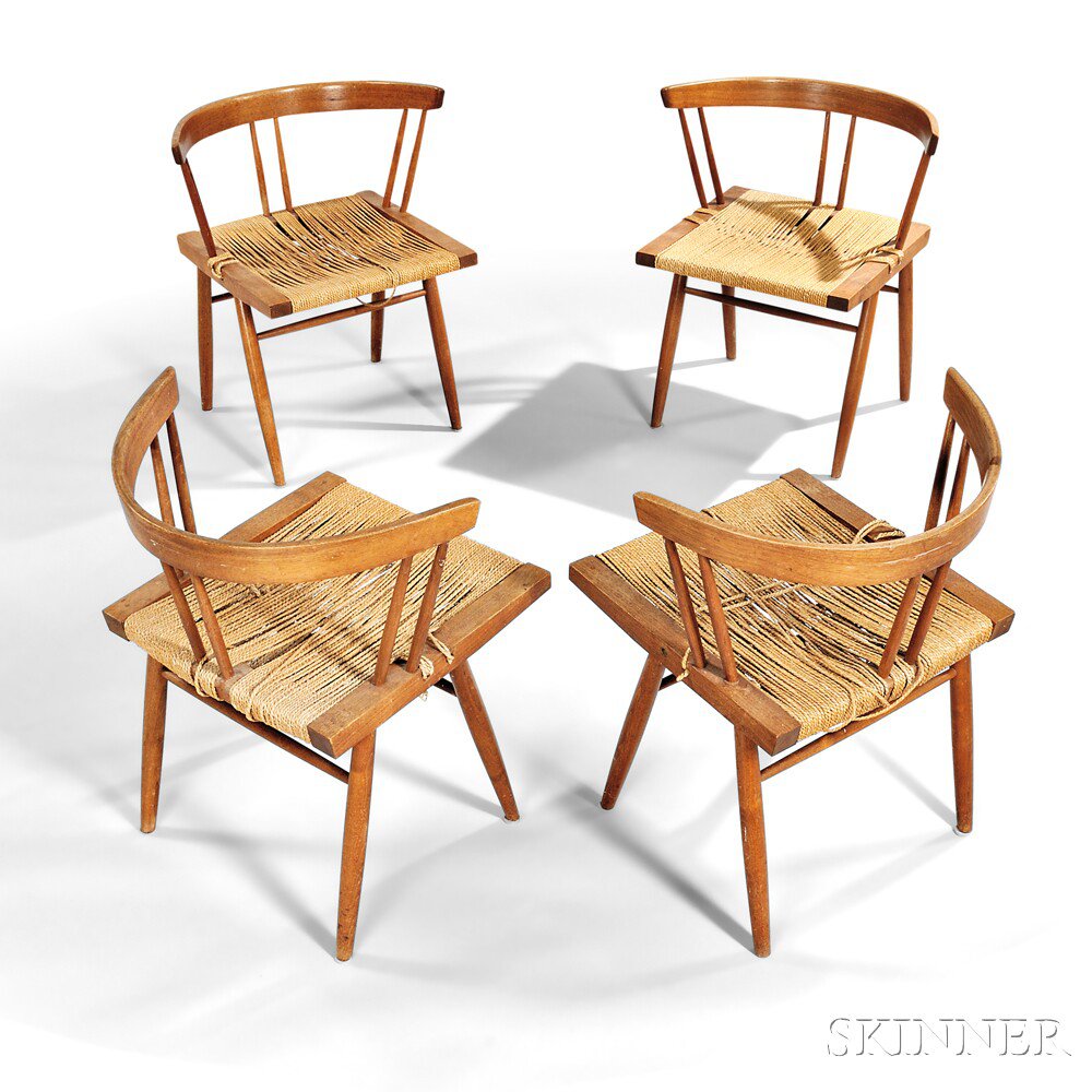 Appraisal: Four George Nakashima Grass-seated Chairs Walnut cord New Hope Pennsylvania