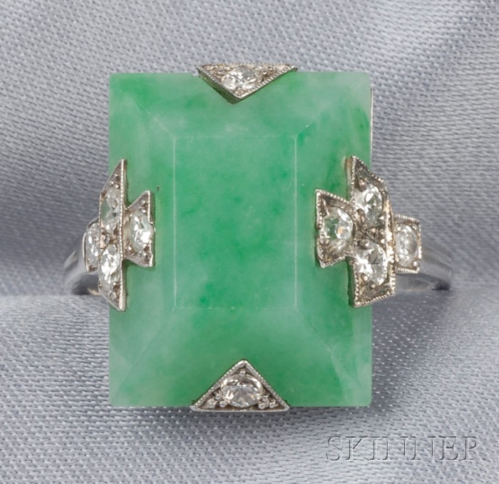 Appraisal: Art Deco Platinum Jadeite and Diamond Ring Boucheron Paris set