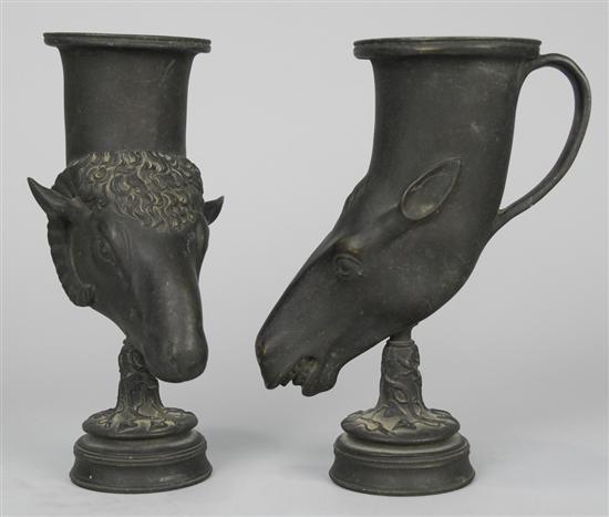 Appraisal: PAIR OF CONTINENTAL PATINATED BRONZE FIGURAL GARNITURE VASES th century