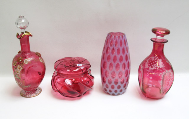 Appraisal: FOUR PIECES OF CRANBERRY GLASS consisting of Bohemian etched Victorian