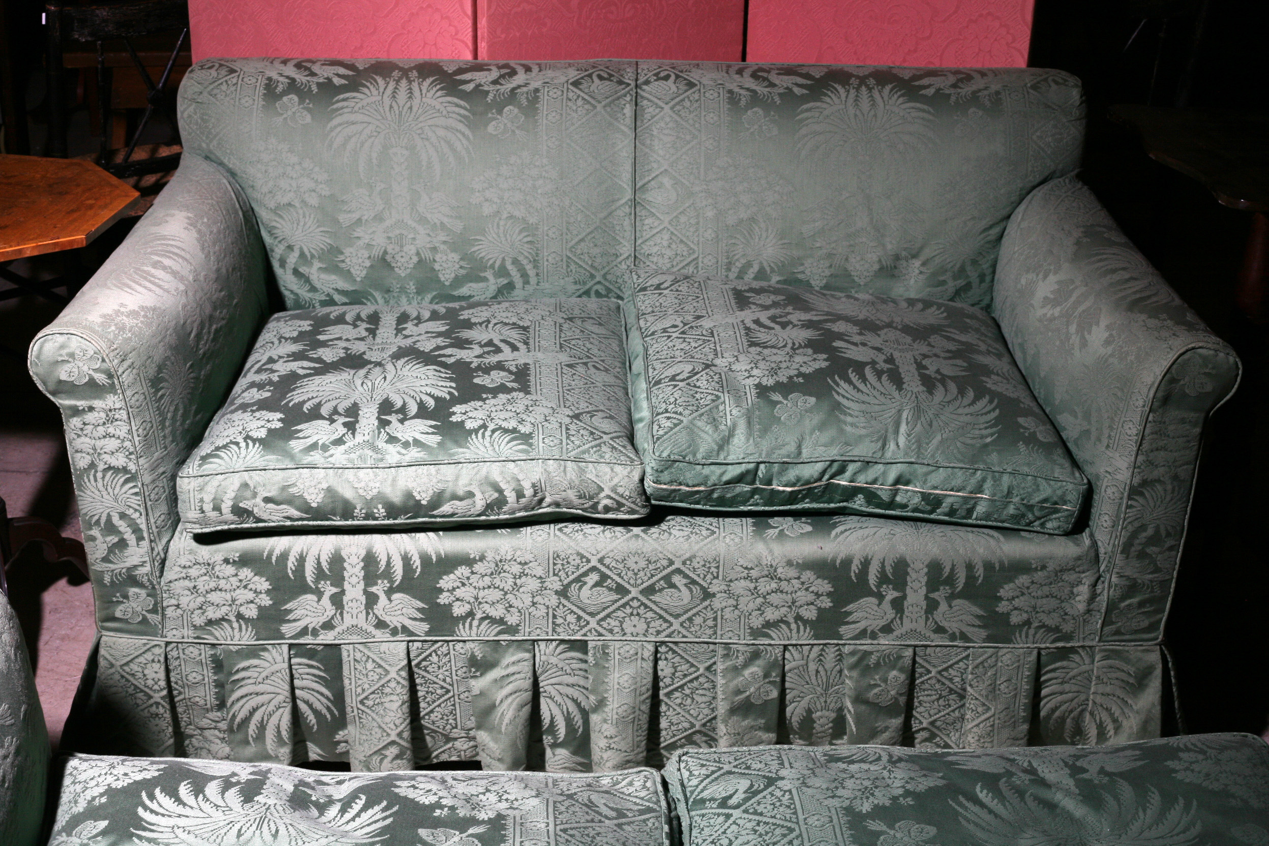 Appraisal: PAIR OF GREEN PRINT UPHOLSTERED LOVESEATS