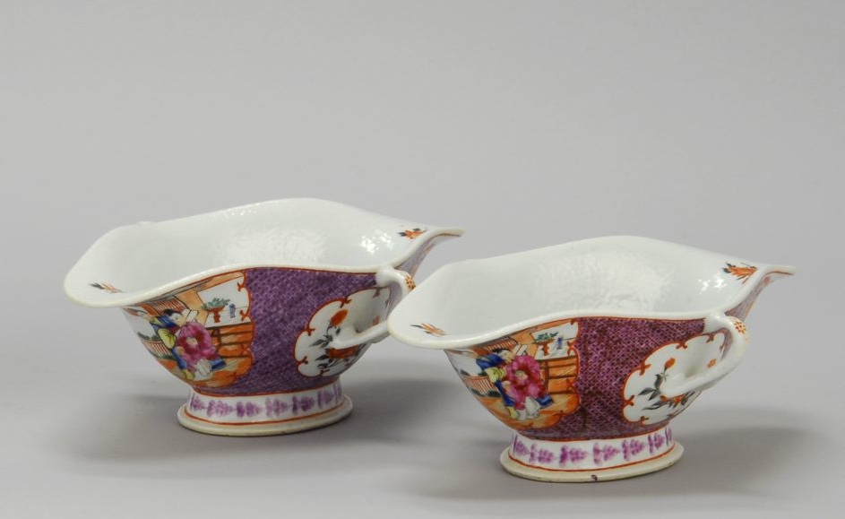 Appraisal: TWO CHINESE EXPORT PORCELAIN SAUCEBOATS Circa In rose mandarin design