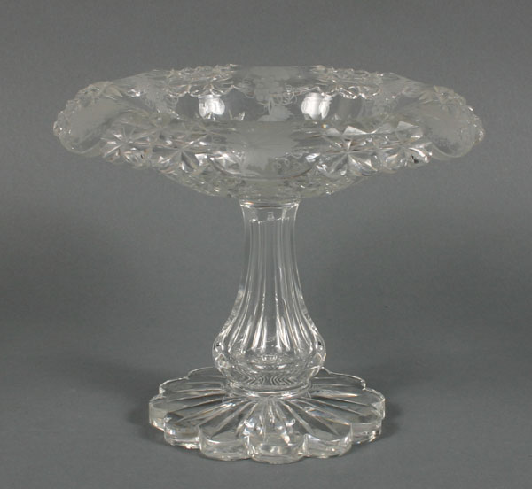 Appraisal: Edwardian glass tazza carved and engraved grapevine and geometrics H