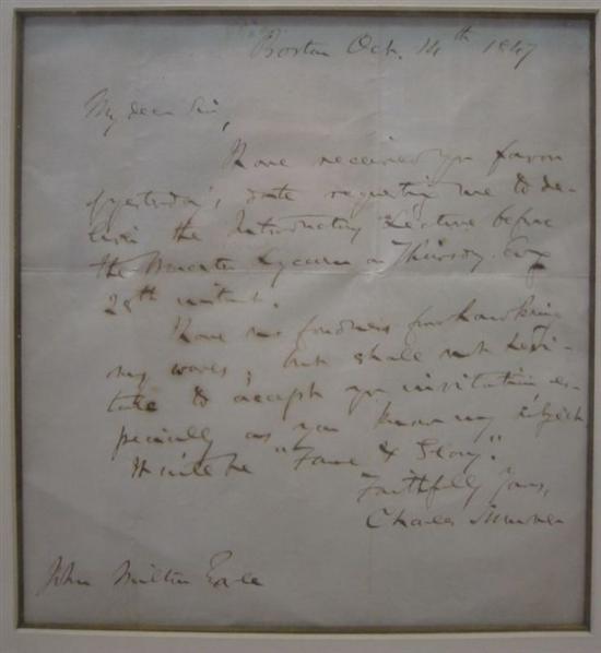 Appraisal: SUMNER CHARLES Autograph Letter Signed to abolitionist John Milton Earle