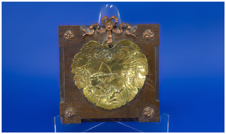 Appraisal: An Unusual Brass Copper and Wood Plaque featuring frogs engaged