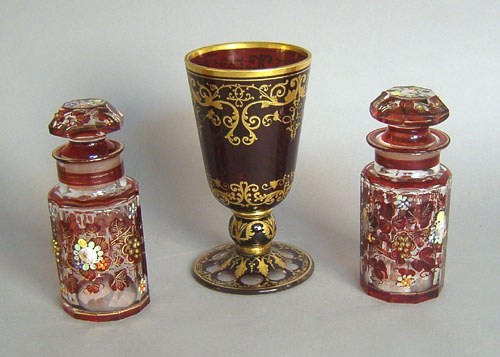 Appraisal: Pair of enamel decorated glass bottles h together with a