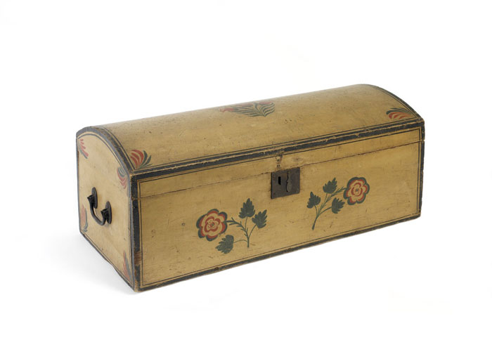 Appraisal: NEW ENGLAND MUSTARD PAINTED DOME-TOP TRUNK WITH FLORAL DECORATION PROBABLY