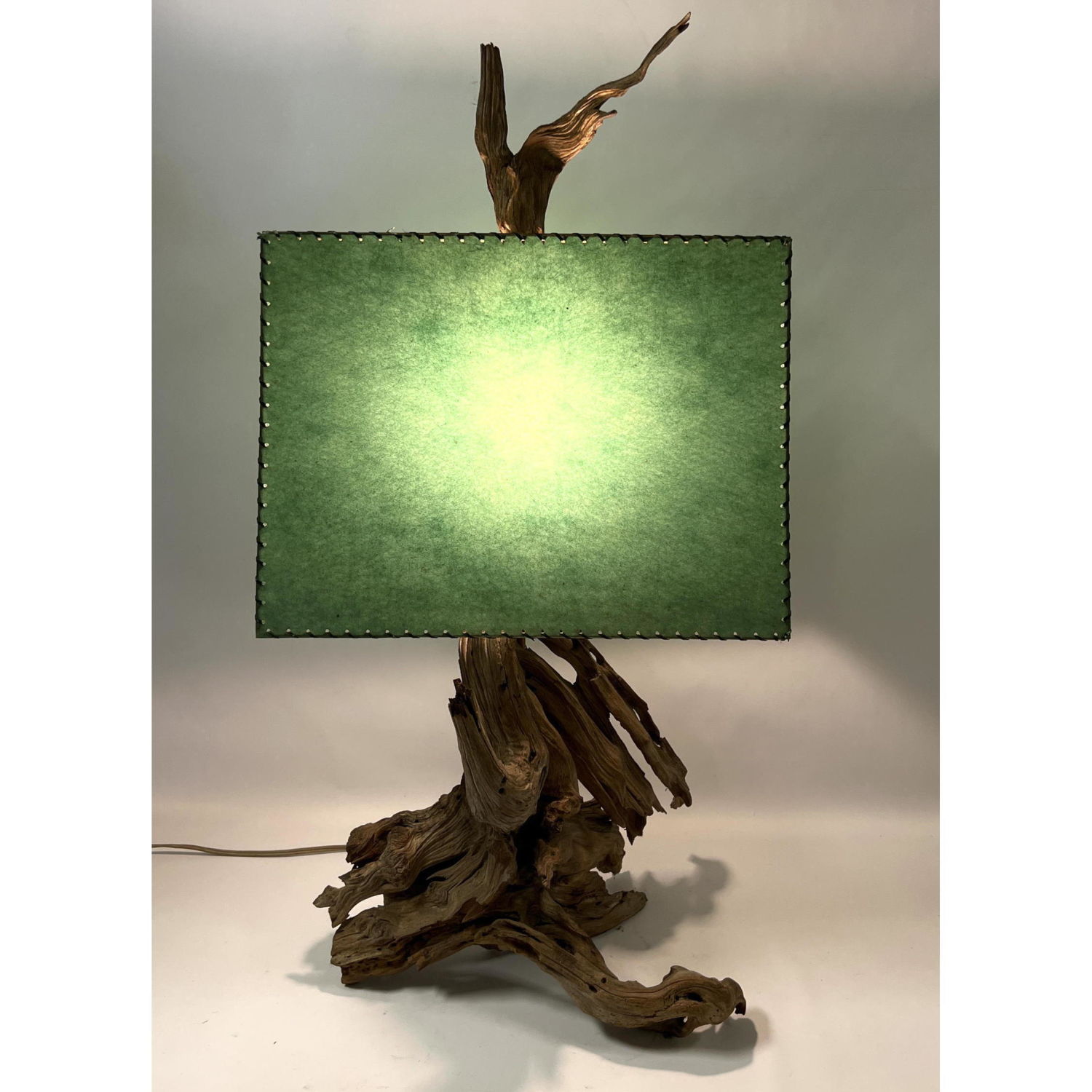 Appraisal: Large Driftwood Table Lamp Original Green Shade and Wood Finial