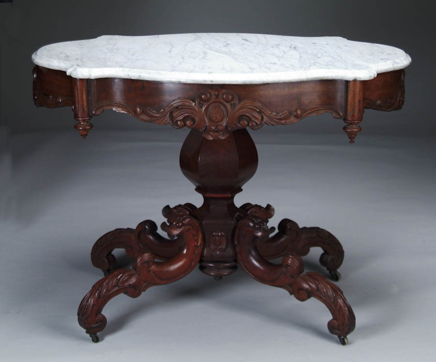 Appraisal: FINE MARBLE TOP TURTLE TOP VICTORIAN WALNUT CENTER TABLE Table