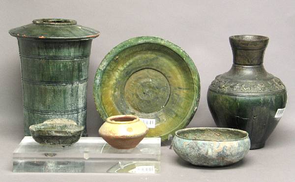 Appraisal: Six green glazed pottery vessels Han Dynasty Including one shallow