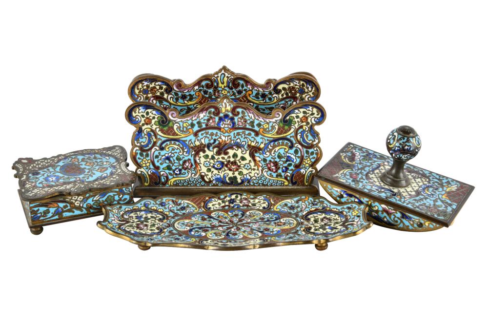 Appraisal: CHAMPLEVE ENAMEL GILT METAL DESK SETunmarked comprising a letter holder