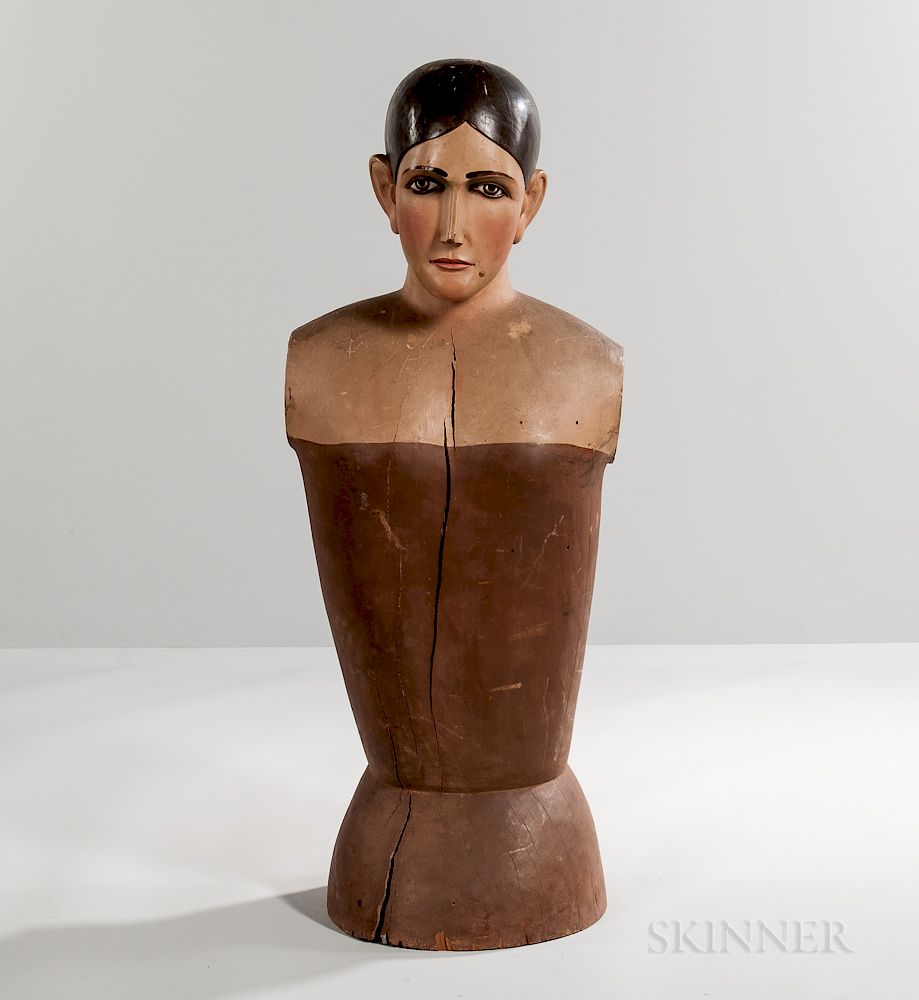 Appraisal: Large Carved and Painted Wood and Gesso Half-length Mannequin Large