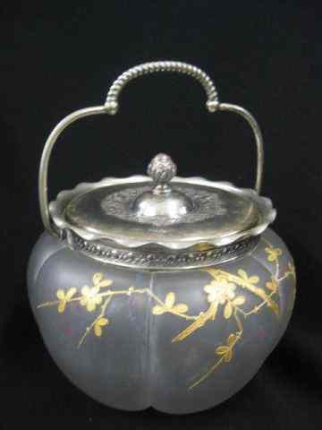 Appraisal: Victorian Satin Art Glass Biscuit Jar gold enameled floral silverplate