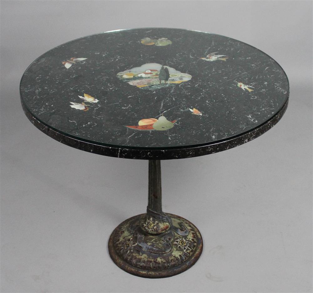 Appraisal: PIEDRA DURA INLAID TOP CAST IRON CENTER TABLE inlaid with