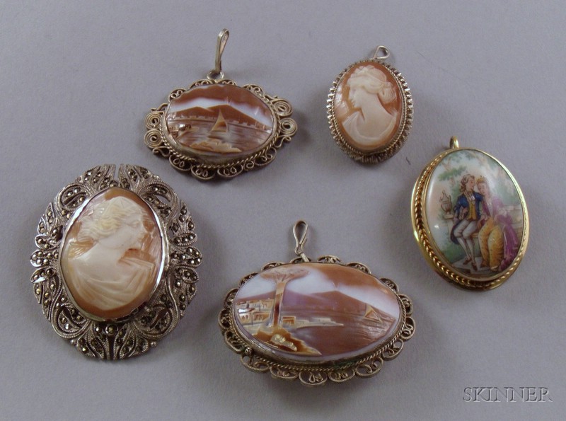 Appraisal: Four Shell Carved Cameo Items and a Gold-filled Framed Hand-painted