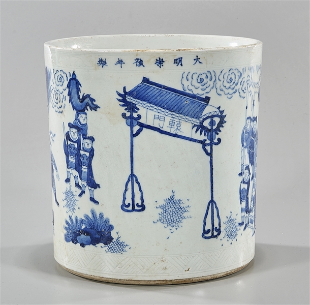 Appraisal: Chinese blue and white porcelain brush pot depicting various figures