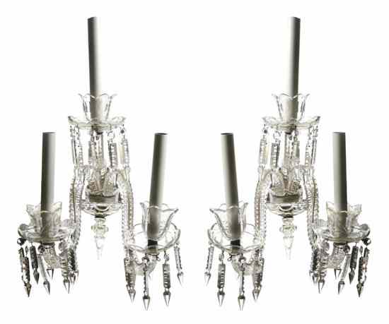 Appraisal: A Pair of Cut Glass Three-Light Sconces each having cased