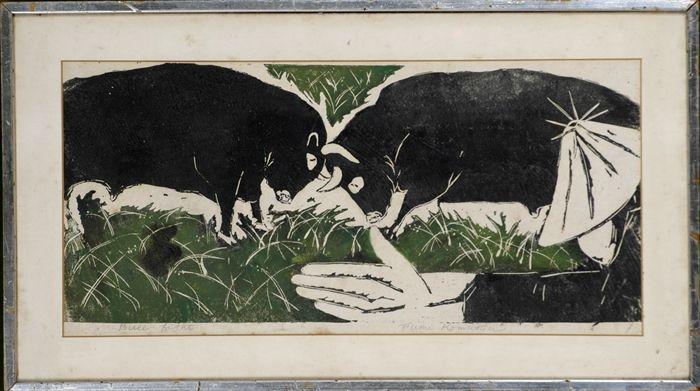 Appraisal: Fumi Komatsu Bulls Locking Horns Woodblock print signed lower right