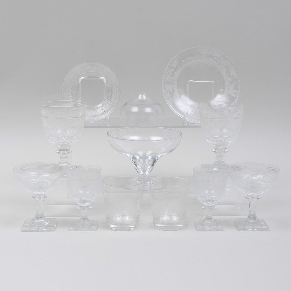 Appraisal: Etched Hunt Theme Glass Table Service Comprising Ten water goblets